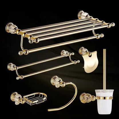 European gold and crystal bathroom towel rack with matching white ceramic toilet brush holder for decorbites crystal bathroom use