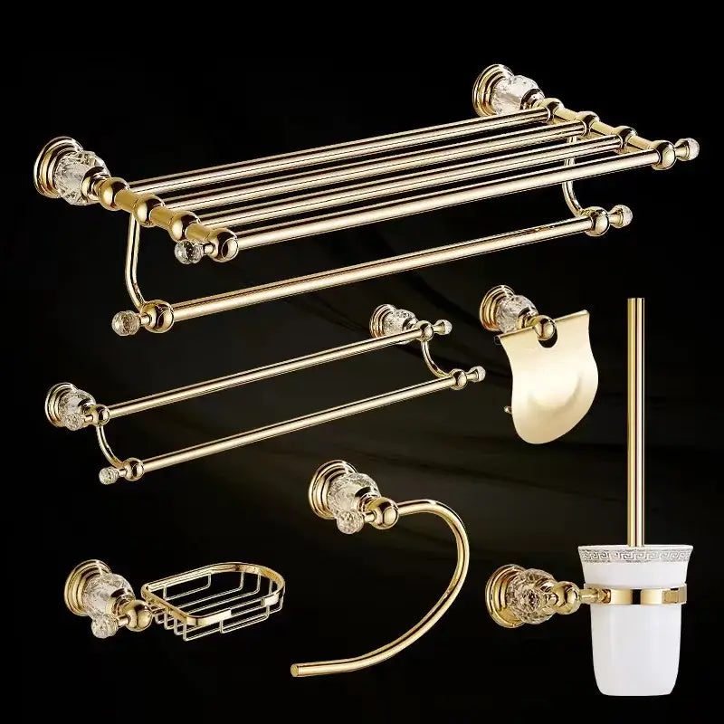 European gold and crystal bathroom towel rack with matching white ceramic toilet brush holder for decorbites crystal bathroom use