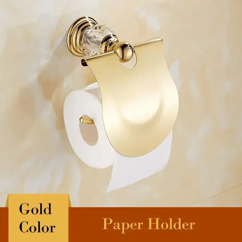 European gold and crystal bathroom towel rack with toilet brush holder featuring a gold-colored crystal bathroom decorbites design