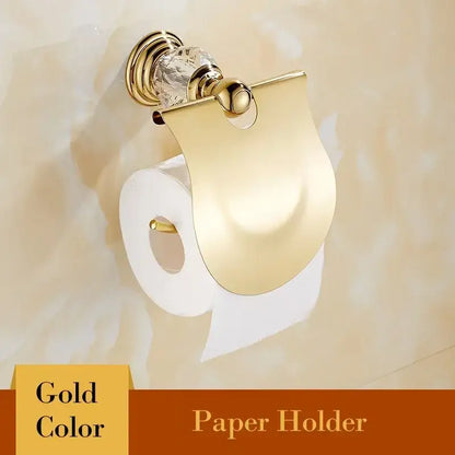 European gold and crystal bathroom towel rack with toilet brush holder featuring a gold-colored crystal bathroom decorbites design