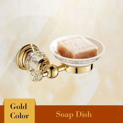 European gold and crystal bathroom towel rack with toilet brush holder featuring a crystal bathroom soap dish and greek key bowl