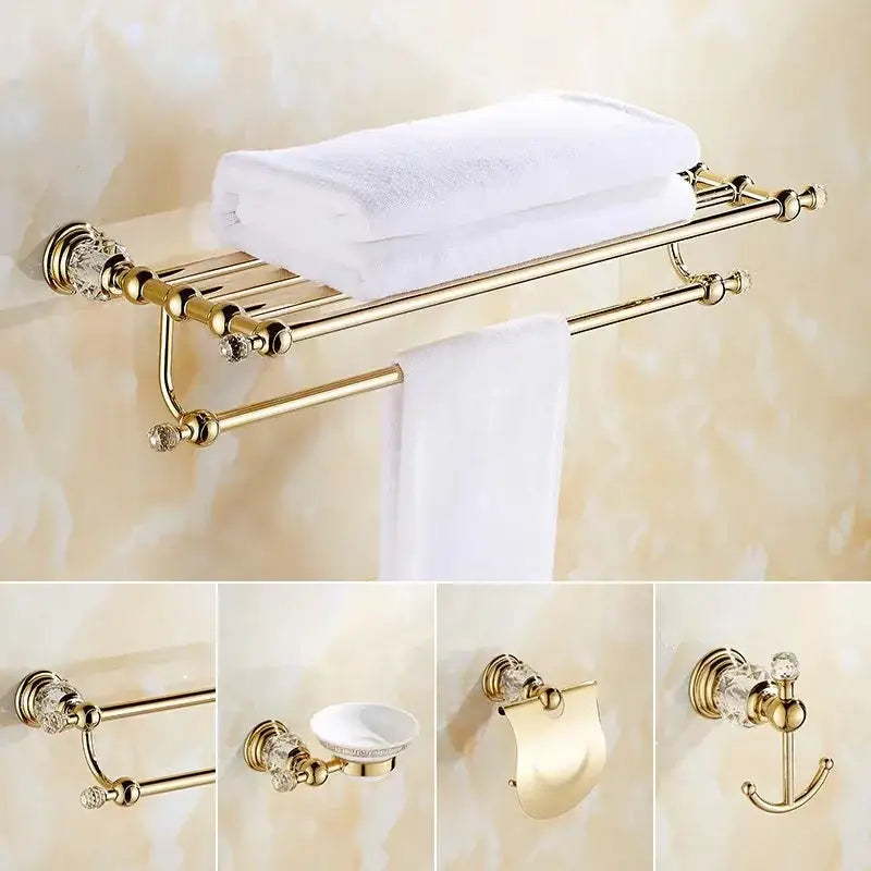 European gold and crystal bathroom towel rack with double-tier design and ornate spherical finials by decorbites crystal bathroom