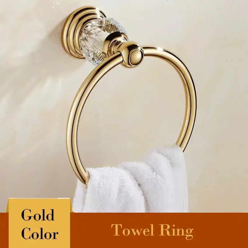 European gold and crystal bathroom towel rack featuring a gold-colored towel ring with crystal accent decorbites crystal bathroom