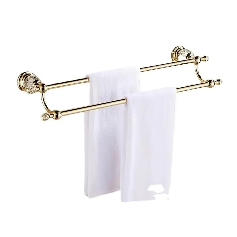 European gold and crystal bathroom towel rack with polished metal bars and crystal-encrusted ends from decorbites crystal bathroom collection