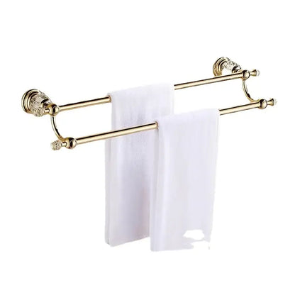 European gold and crystal bathroom towel rack with polished metal bars and crystal-encrusted ends from decorbites crystal bathroom collection