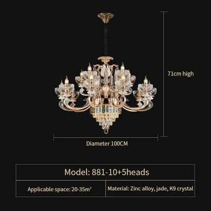 Elegant 71cm-high european gold and teal crystal dining room chandelier with gold zinc alloy arms jade accents and k9 crystal flowers