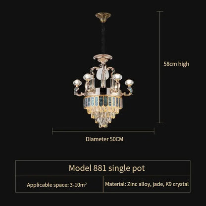Elegant gold and teal crystal dining room chandelier with cascading k9 crystal droplets and jade accents model 881 single pot