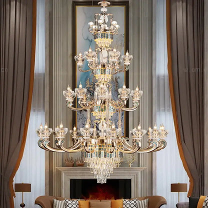 European gold and teal crystal dining room chandelier with multi-tiered design and intricate decorbites crystal dining prisms