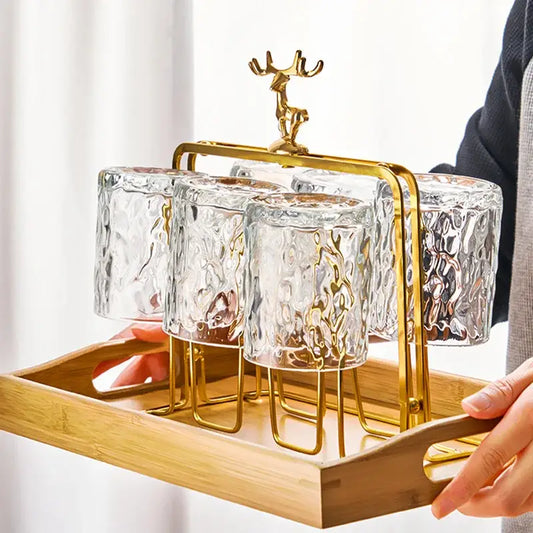 European gold deer glass storage rack with gold deer-top cup holder textured clear glass cups and bamboo tray for dining room