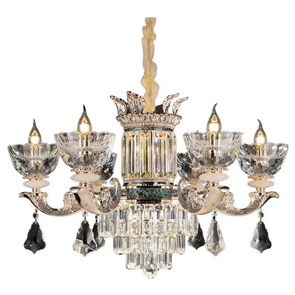Elegant duplex european crystal chandelier with gold-toned metal and green mosaic central column for staircase lighting