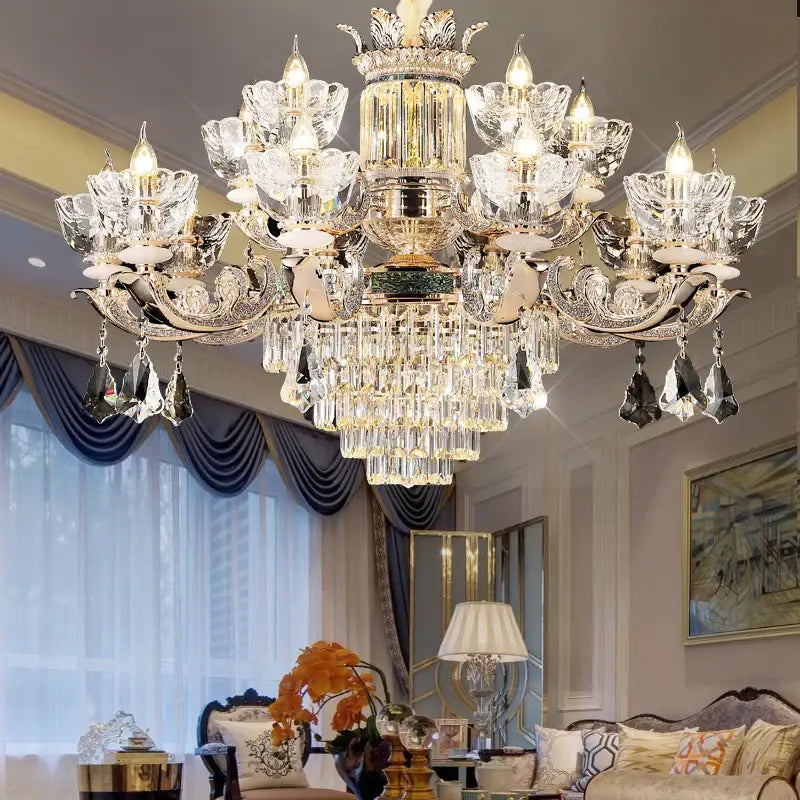 A duplex European crystal chandelier with intricate silver metalwork and cascading clear glass prisms for staircase lighting