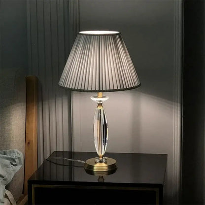 Elegant European retro crystal floor lamp with a gold-toned metal base and pleated gray fabric shade for living room