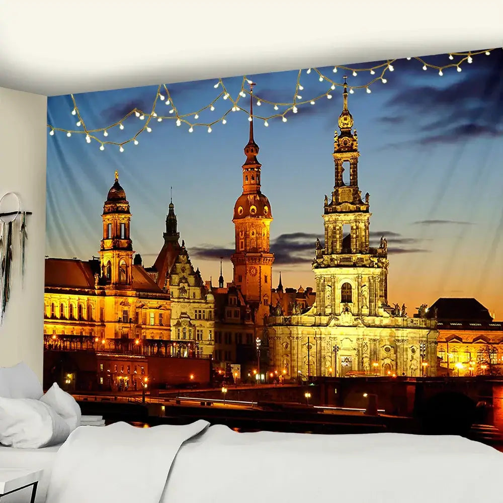 European style city night scene tapestry with golden historic towers and string lights for bedroom wall hanging