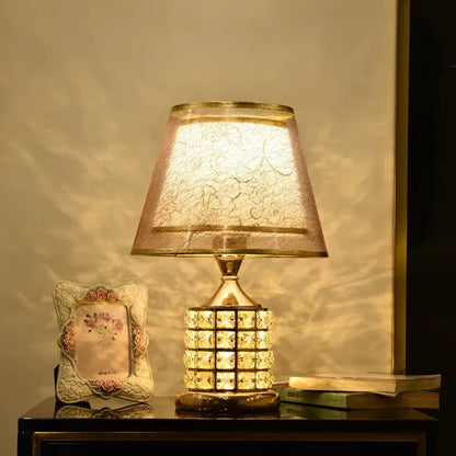 European style gold crystal table lamp with a sheer patterned pinkish gold shade for bedroom decorbites crystal table use