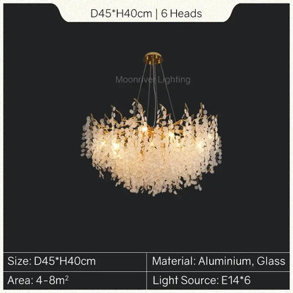 Elegant six-head decorbites gold tree branch chandelier with golden aluminum frame and clear glass crystal leaves for dining room decor