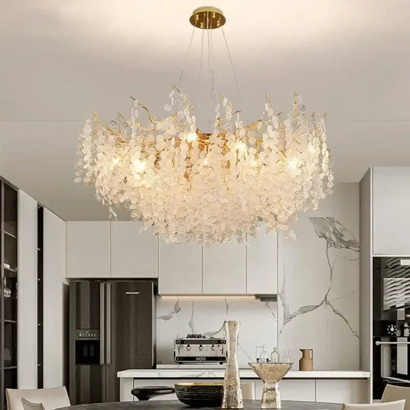 European style gold tree branch chandelier with translucent crystal petals for dining room decorbites gold tree lighting