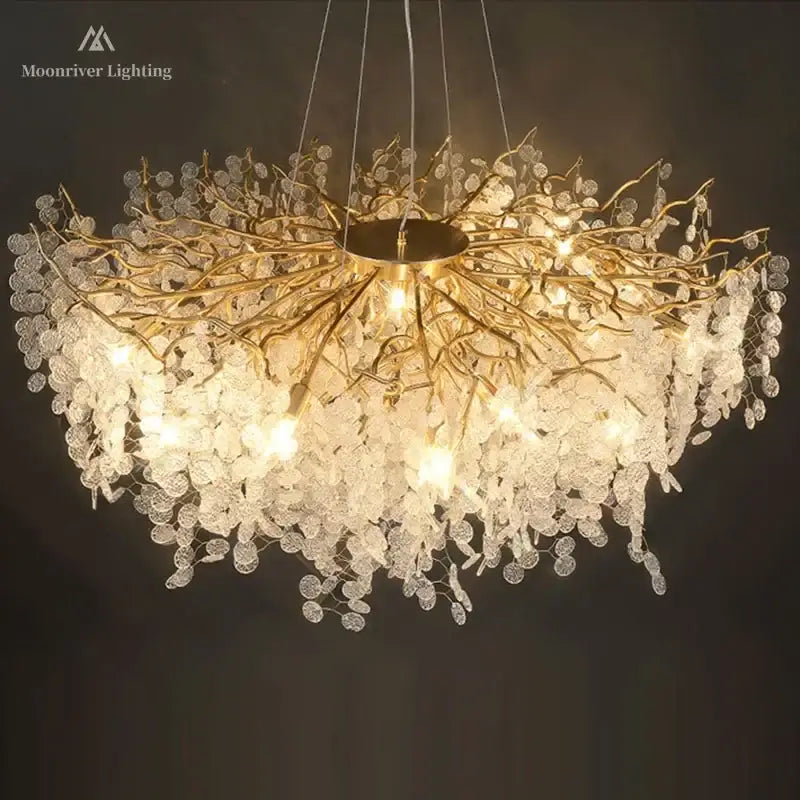 European style decorbites gold tree branch chandelier with gold-toned arms and clear crystal leaf droplets for dining room decor