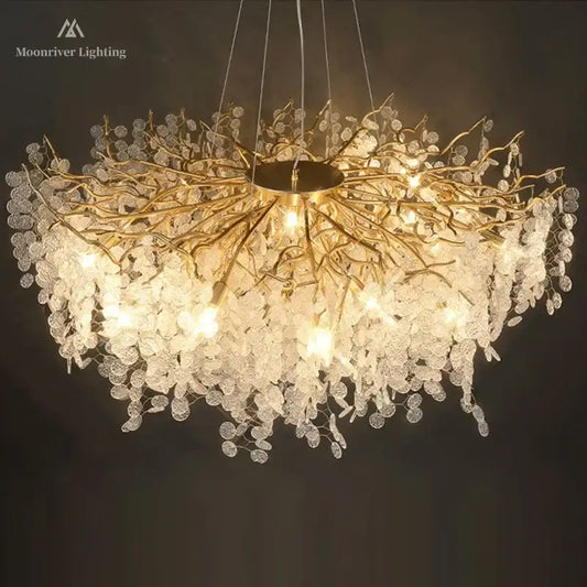 European style decorbites gold tree branch chandelier with gold-toned arms and clear crystal leaf droplets for dining room decor