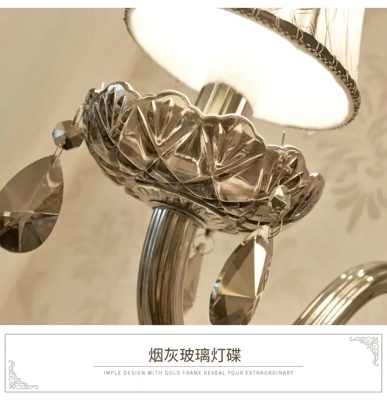 European style silver and smoke grey crystal wall lamp with faceted leaf-shaped glass shade for bedroom decorbites crystal wall