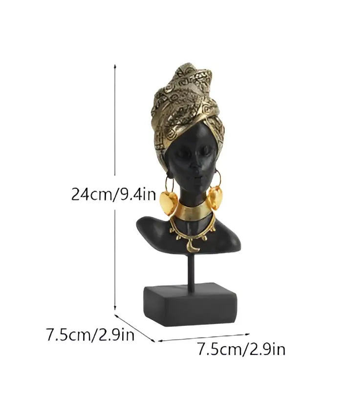 Black african woman resin bust sculpture with gold headwrap earrings and necklace for living room decor