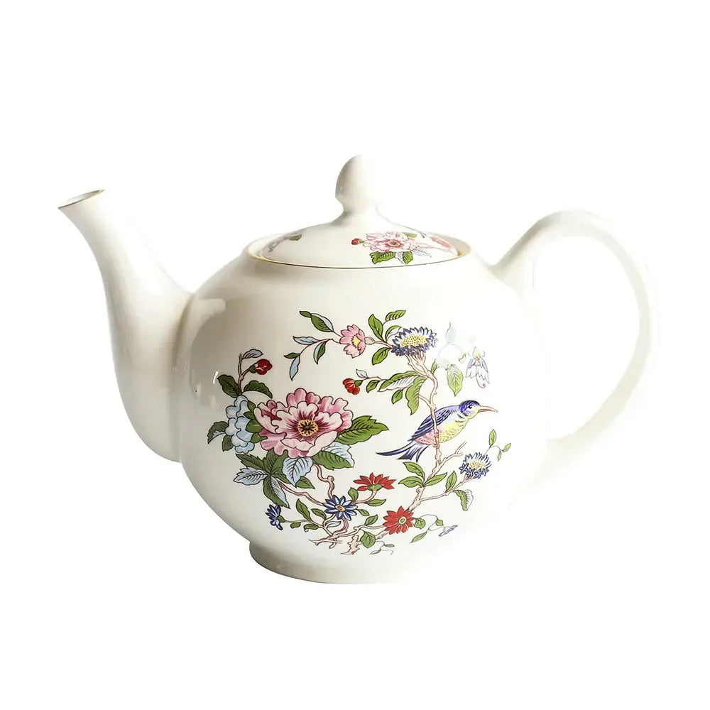 Exquisite white ceramic teapot with delicate pink blue red and green floral and bird design for decorbites tea set