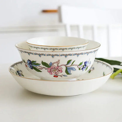 White ceramic coffee set bowl with pink blue green floral patterns and gold rim for decorbites tea exquisite set