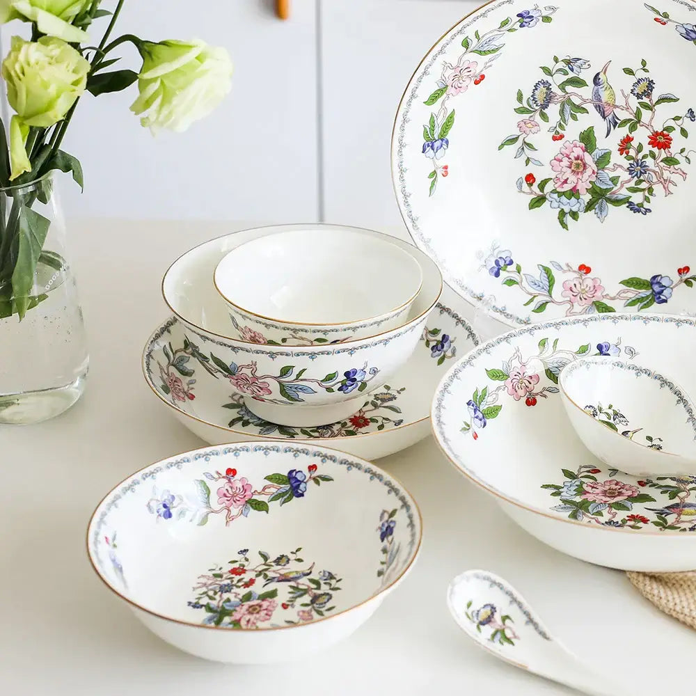 Exquisite floral porcelain coffee set with pink blue red and green bird patterns and gold rims for dining room decorbites tea