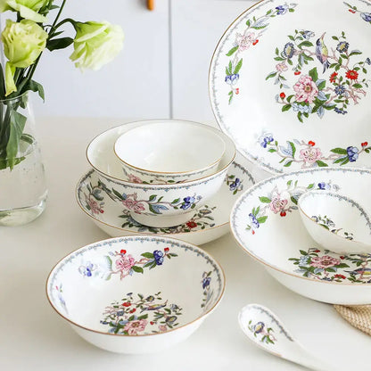 Exquisite floral porcelain coffee set with pink blue red and green bird patterns and gold rims for dining room decorbites tea