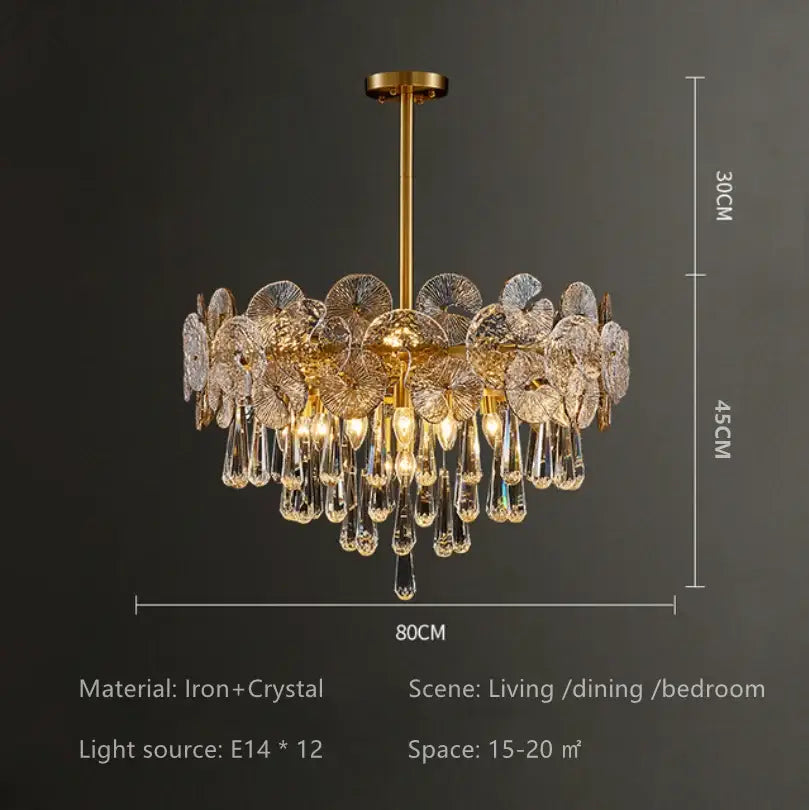 Elegant gold-toned crystal chandelier with delicate flower and teardrop accents an exquisite piece for living rooms