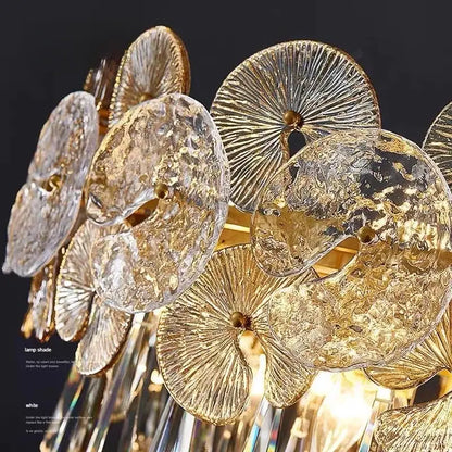 Exquisite golden fan crystal chandelier with clear glass lampshade featuring intricate fan-like patterns for living rooms