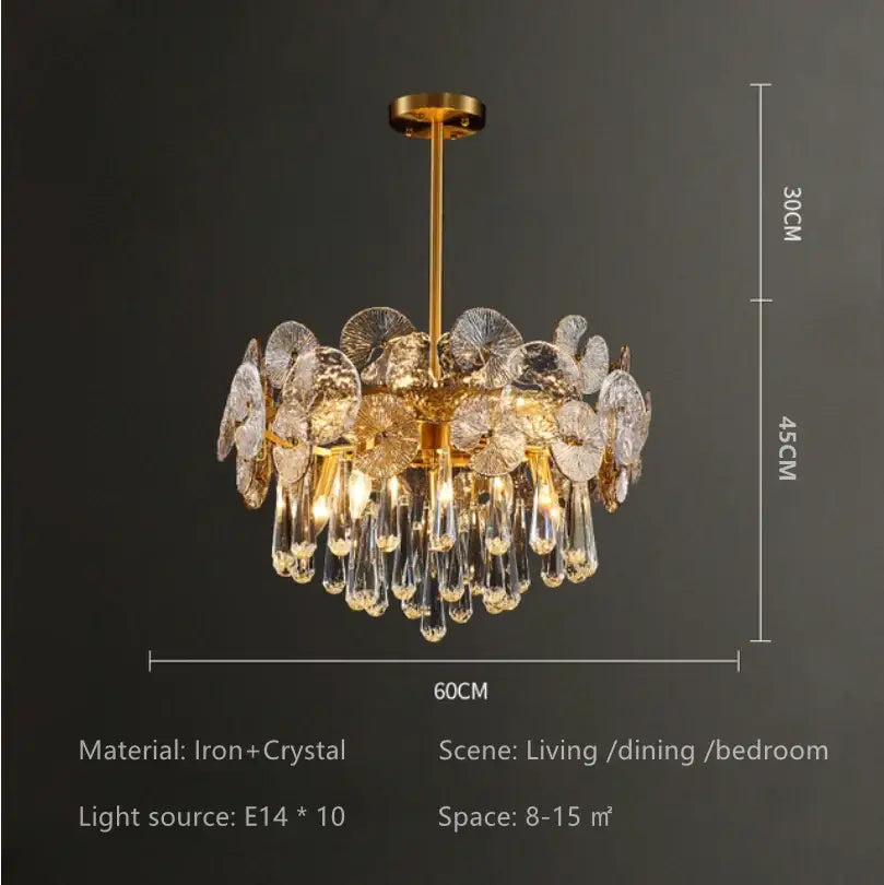 Exquisite piece crystal chandelier with gold-toned fan design and crystal leaf teardrop accents for living room spaces