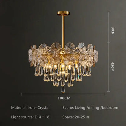 Gold-toned crystal chandelier with intricate flower and teardrop designs, an exquisite piece for living rooms