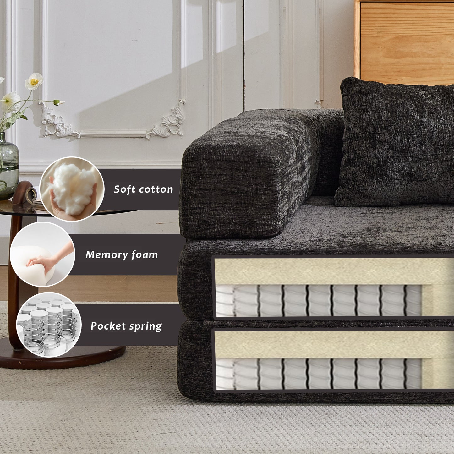 Compression Sofa,Convertible Floor Sofa Bed With Fixed-Shape Frame,Single Seater Boneless Modular Sectional Sofa,No Assembly Required,Chenille Fabric,for Living Room Bedroom,Black