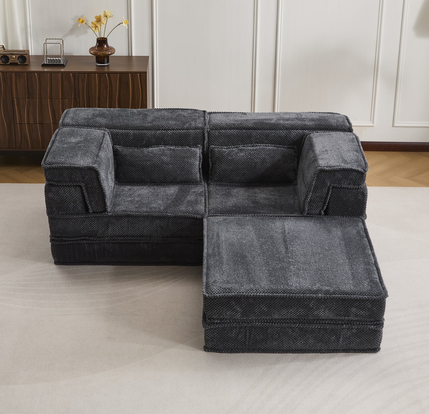 Compression Mahjong Sofa,Convertible Floor Sofa Bed,DIY Boneless Modular Sectional Sofa,No Assembly Required,Circle Fleece Fabric,Oversized 2 Seater With 1 Ottoman,Dark-grey