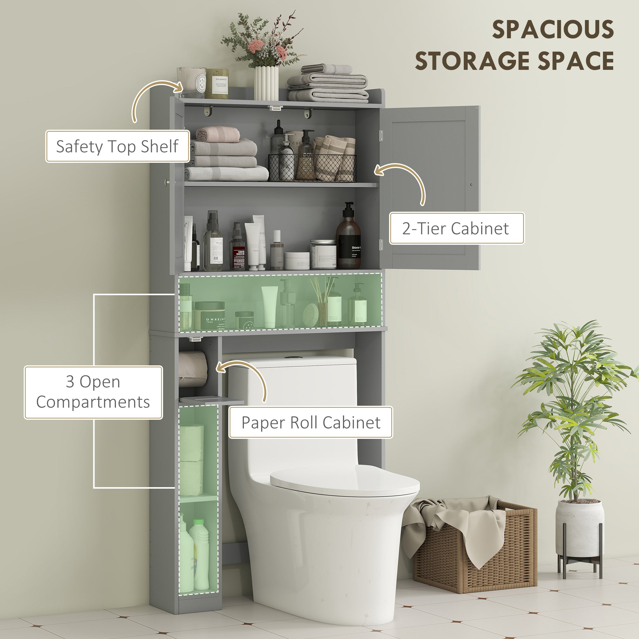 White Modern Storage Cabinet Over-Toilet Two-Tier