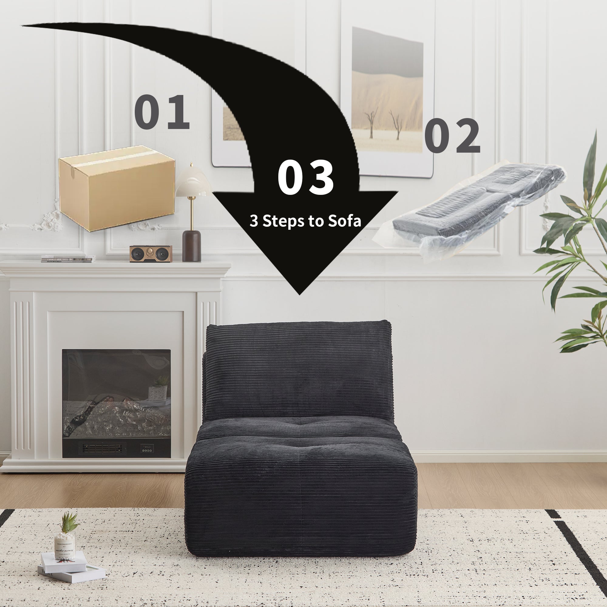 Black Corduroy Chaise Sofa