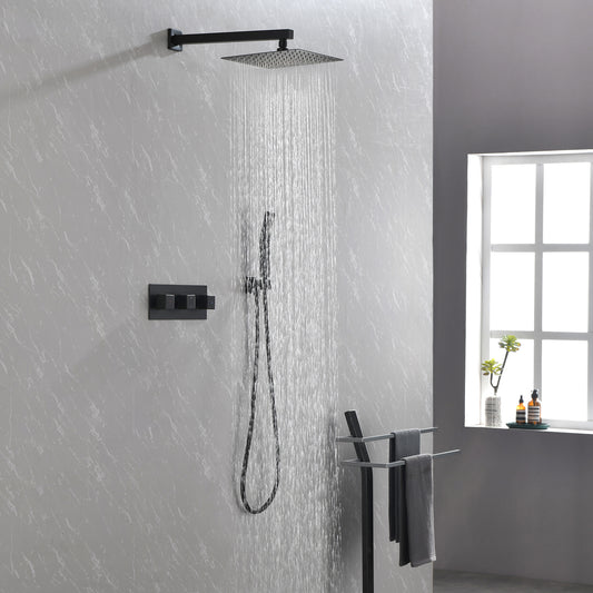Brass Matte Black Shower Faucet With Shower System,10 Inch Shower Head And Handheld Spray Bathroom Combination