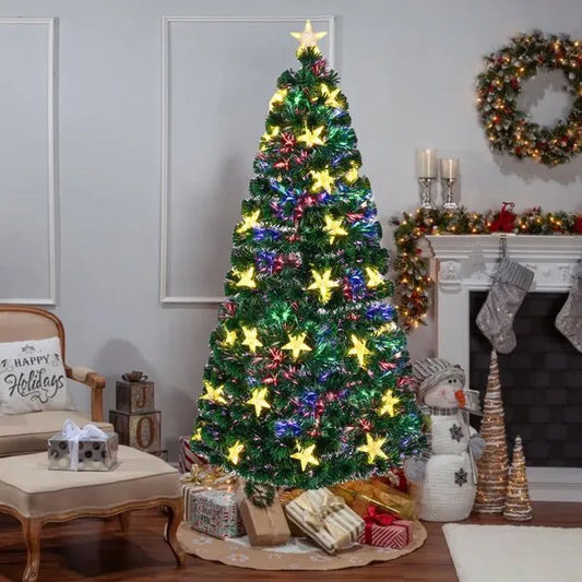 7FT Pre-lit Fiber Optic Christmas Tree With Large Stars, Artificial Xmas Tree Spruce Tree Green Tree With Metal Stand,Full Tree For Holiday Decoration
