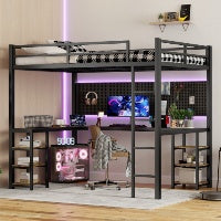 Black Metal Loft Bed With Desk And Shelves