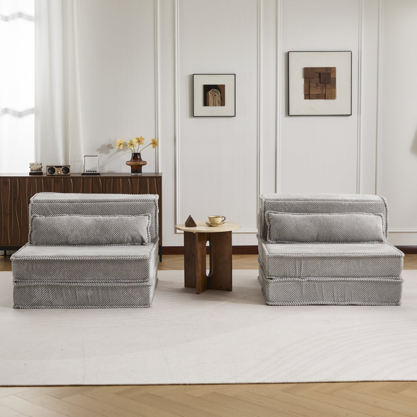 Compression Mahjong Sofa,Convertible Floor Sofa Bed,DIY Boneless Modular Sectional Sofa,No Assembly Required,Circle Fleece Fabric,Oversized 2 Seater With 2 Pillows,Light-grey