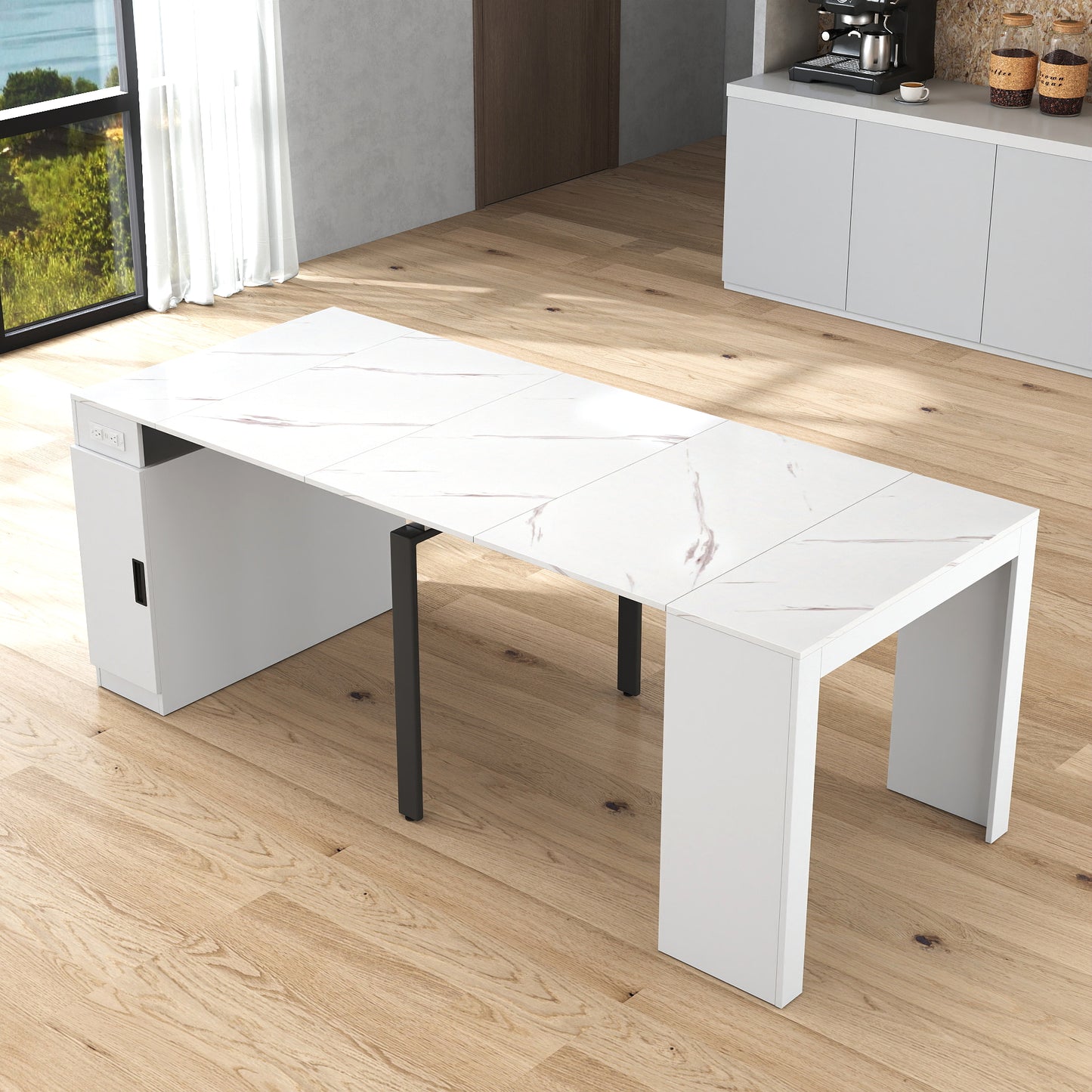 Modern Multifunctional Extendable Dining Table With Outlet, Space Saving Expanding Table With Storage For Party, Weddings, Meetings, Celebrations