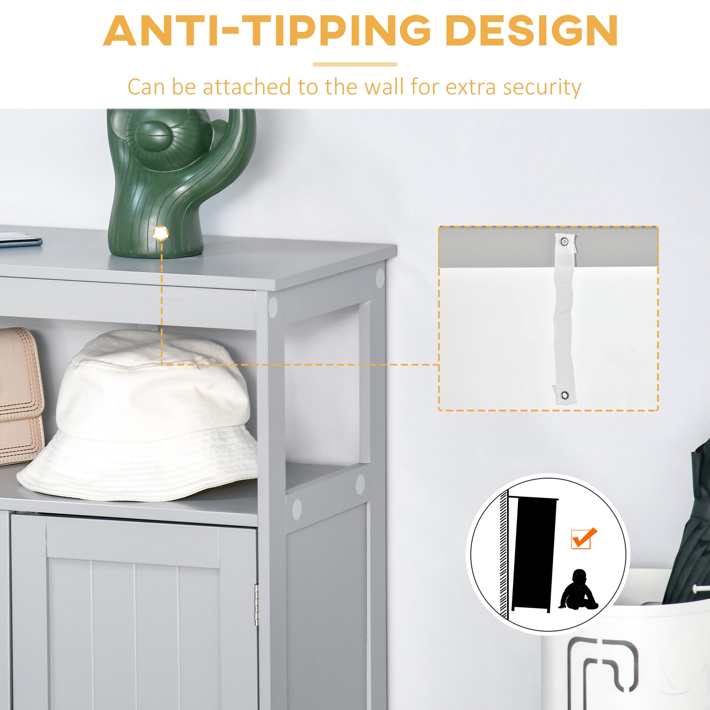 Freestanding Modern Bathroom Storage Cabinet, with Doors and Open Shelf, Bathroom Organizer Furniture, Grey