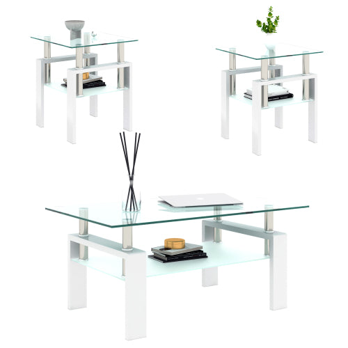 Set Of 2, Modern Tempered Glass Tea Table Coffee Table End Table, Square Table For Living Room, Transparent White