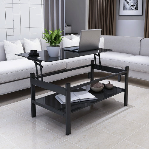 Black Glass Lift Top Table Two-Layer Storage