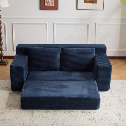 Loveseat Sofa, Comfortable Deep Seat Sofa Bed, Modern Small Corduroy Couch For Living Room Bedroom,Reversible Cushion With Pillows,No Assembly Required, Dark-blue