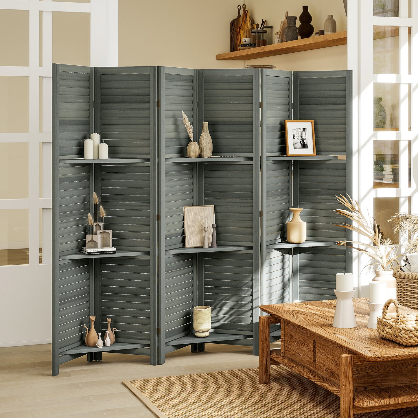 6 Panel 67" Tall Wood Privacy Screen Room Divider with 3 Shelves and Folding Storage for Bedroom, Gray