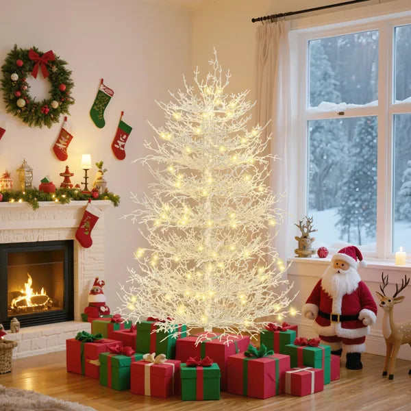 4FT Pre-lit Aspen Fir Artificial Christmas Tree, Hinged Xmas Tree 280 Snow Flocked Branch Tips, 230 Warm White LED Lights, Holiday Coral Christmas Tree For Home Party--Not Support Self-pick Up