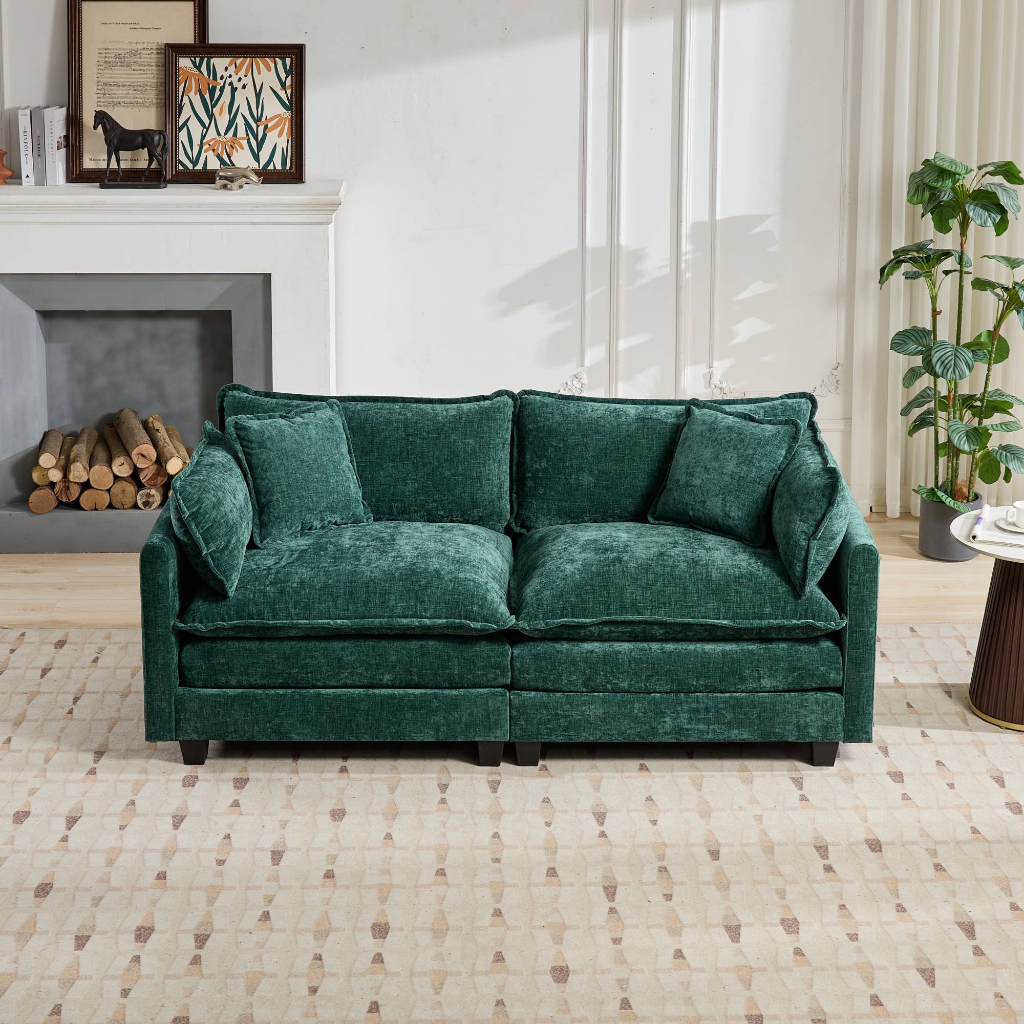 Green Chenille Double Sofa Double-Layer Cushions