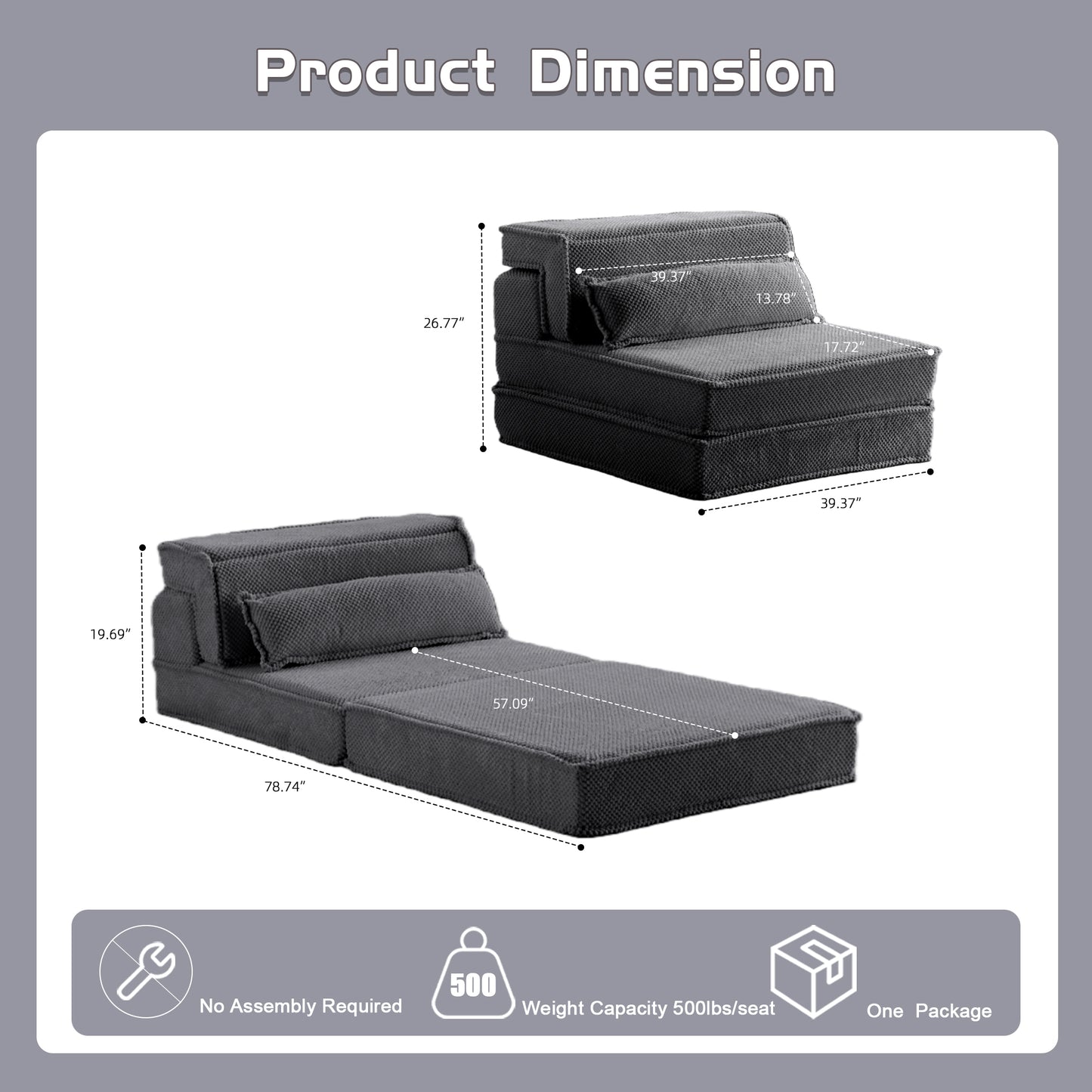 Compression Mahjong Sofa,Convertible Floor Sofa Bed,DIY Boneless Modular Sectional Sofa,No Assembly Required,Circle Fleece Fabric,Oversized Single Sofa With 1 Pillow,Dark Grey