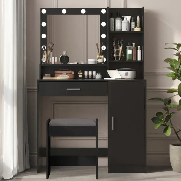 Vanity Desk With Mirror & Light, Large Drawer Three Level Storage Dresser, 3 Lighting Modes Adjustable Brightness, Bedroom Dressing Table(black)